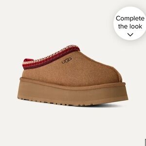 UGG Tan Suede Platform Slippers with Red Trim